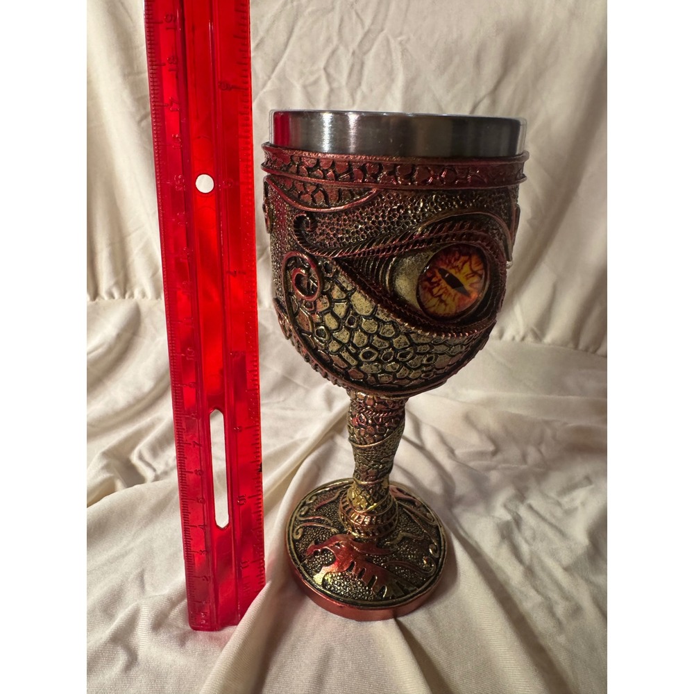 Dragon Eye Gothic Chalice Goblet Stainless Steel Fantasy Medieval Decor Red Gold - Picture 6 of 14